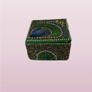 Small beaded wooden box, peacock design on lid